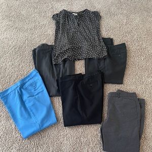 Assortment of Work Pants and polka dot blouse
